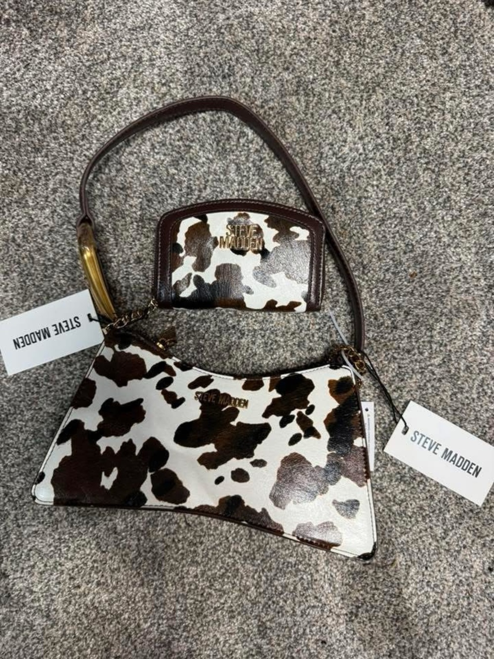 Steve Madden Brown and White Cow-Print Shoulder Bag with Matching Wallet